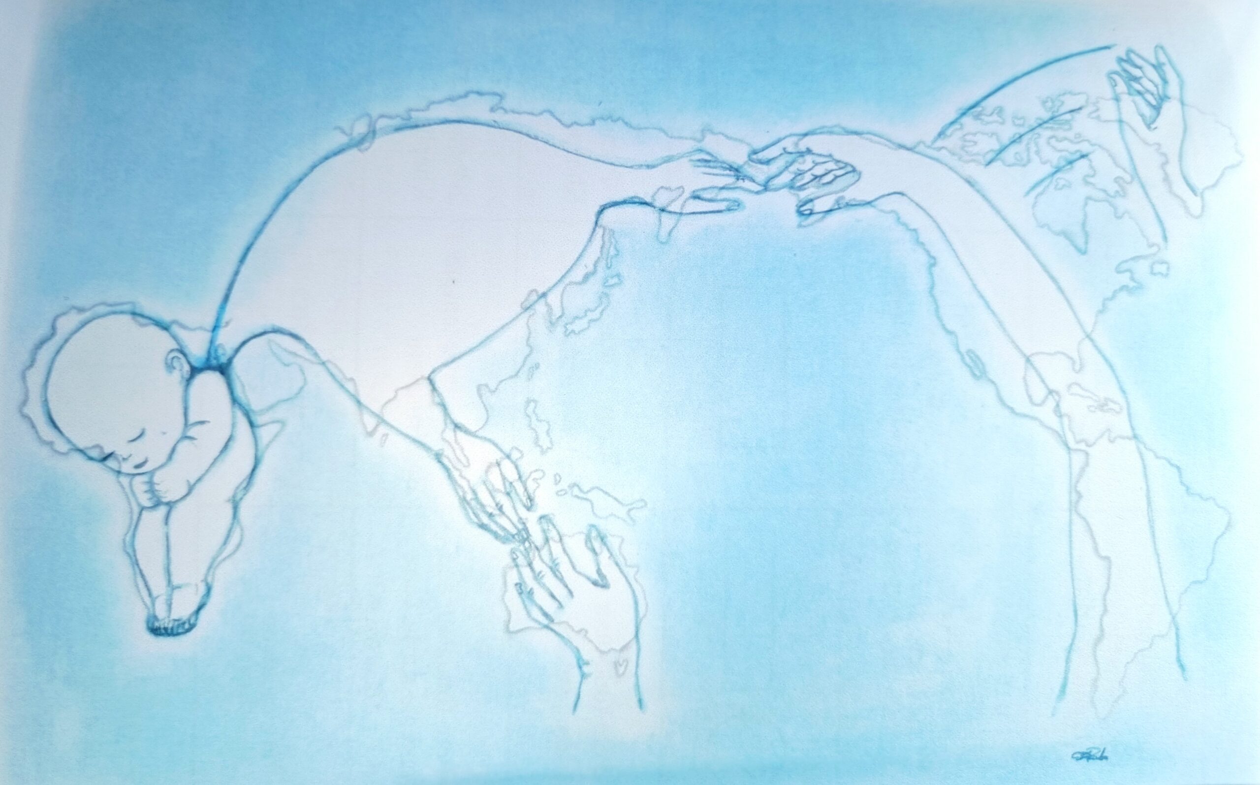 Les dessins de Christina illustrant la canalisation d'Emmanuel, juxtaposé sur la carter du monde face à l'océan Pacifique